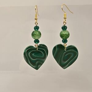 #B93- Emerald Swirl Heart Earrings with Gold Accents